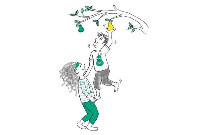 Zwei Personen pflücken gemeinsam eine Birne am Baum